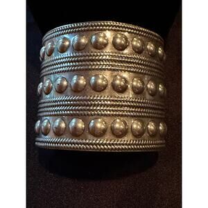 Vintage tribal ethnic cuff bracelet in silver tone fits up to a size 8 wrist